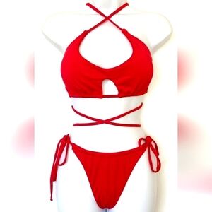 SHEIN Strappy Wrap Halter Red Bikini Womens Size X Large